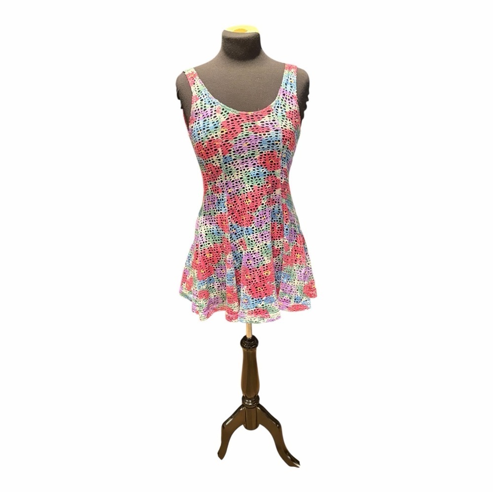 Vintage 90s Colorful Open Knit Mini Dress XS
